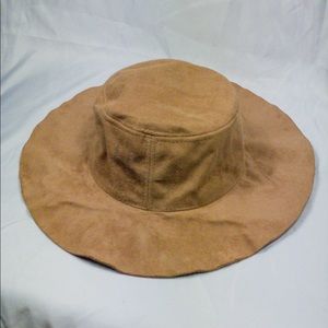 Tan, suede, floppy Sun hat.